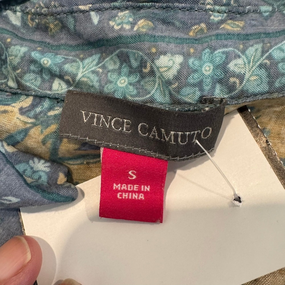 Vince Camuto Womens Small Floral Paisley Button Down Blouse Blue Tan Sheer Top - Picture 2 of 8
